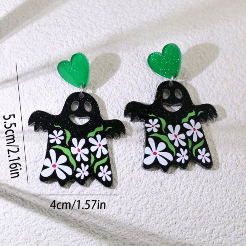 🌸"Flower Ghost" Cute Black Oversized Ghost Floral Print Acrylic Earrings New!